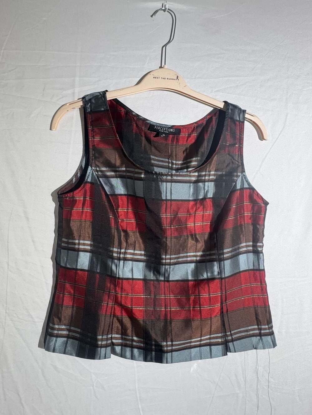 Perceptions New York Plaid Sleeveless Top Womens 12 Red Blue Metallic Scoop Neck